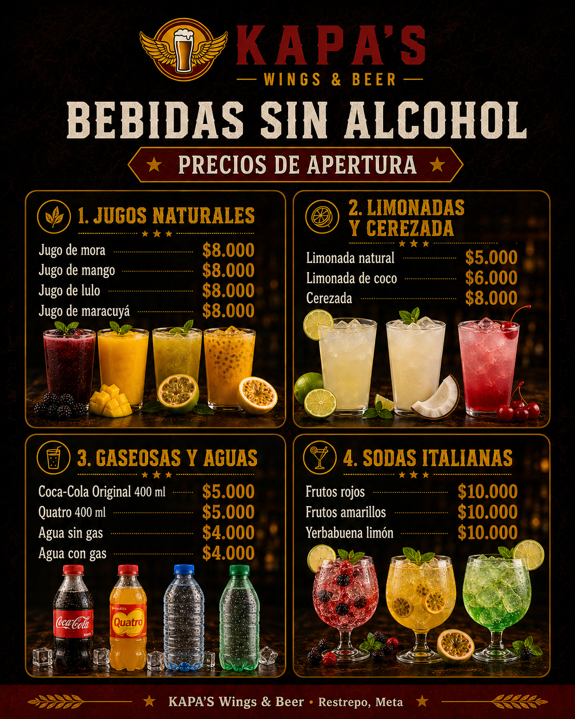 Afiche de bebidas sin alcohol KAPA'S Wings & Beer