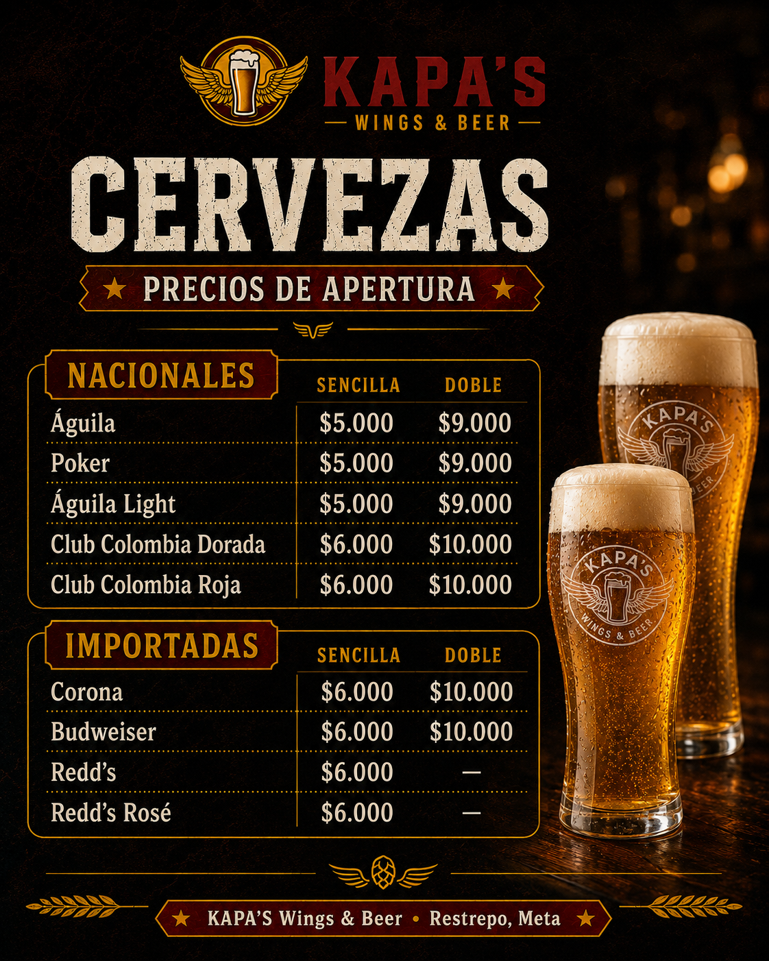 Afiche de cervezas KAPA'S Wings & Beer
