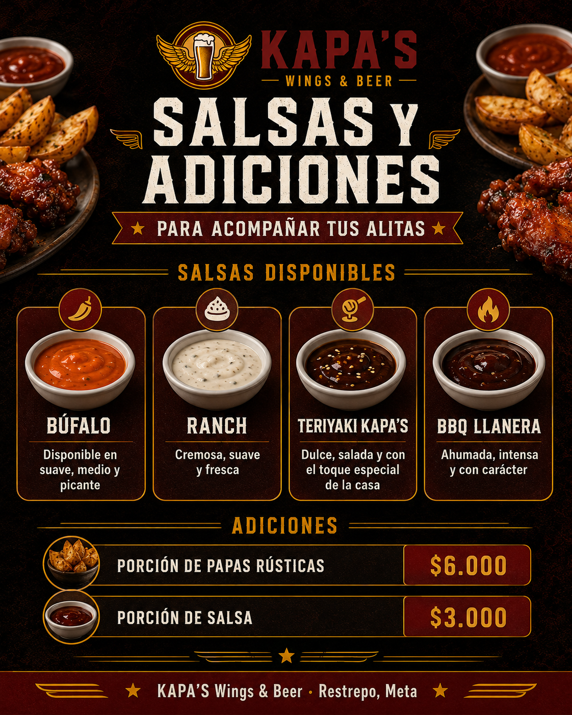 Afiche de salsas y adiciones KAPA'S Wings & Beer